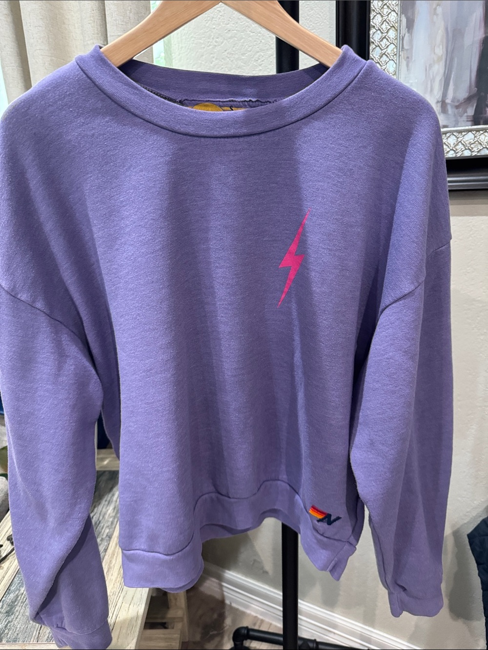 Aviator Nation Lavender Crewneck with Pink Lightning Bolt